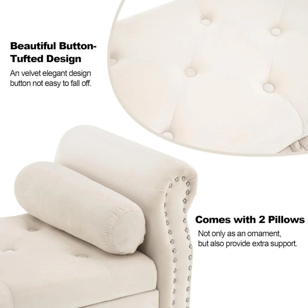 مقعد تخزين لغرفة النوم، طول 57 بوصة، عثماني منجد بأزرار مع مساحة تخزين ووسادتين #3