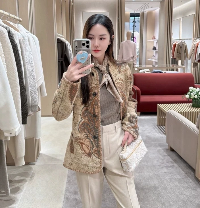 Luxury Cashmere Blend Jacket For Women Vintage Brown Paisley Jacquard Stand Collar Coat With Pockets Elegant Daily Outerwear