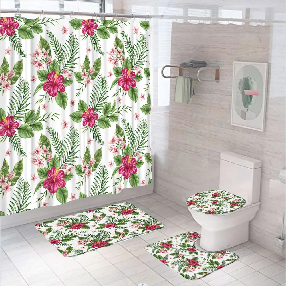 

Tropical Palm Leaves Shower Curtain Sets Exotic Jungle Floral Green Plant Bathroom Decor Curtains Bath Mat Rugs Toilet Lid Cover