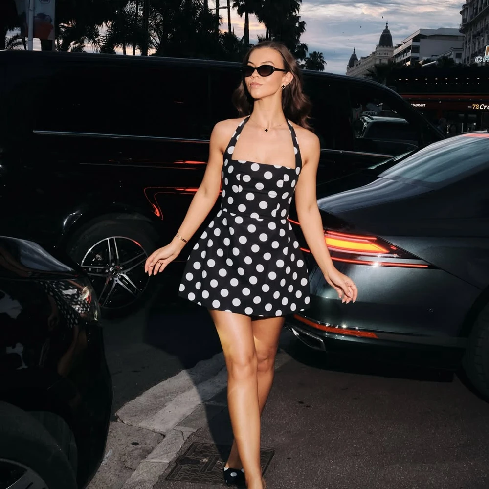 

Hlater Black Polka Dot Summer Mini Dress Sexy Satin Cocktail Party Dresses Fashion Taffeta A Line Pageant Prom Gowns