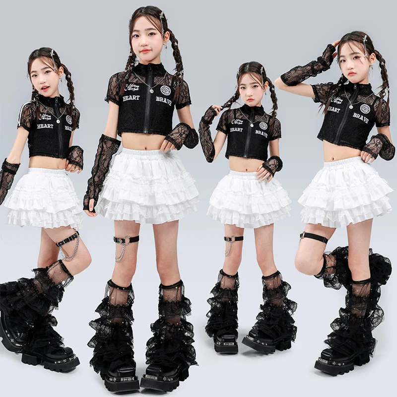 

Черный кружевной укороченный топ в стиле хип-хоп для девочек ‌ Платье-туту для уличных танцев, детская уличная одежда, кружевные юбки, комплект одежды для девочек в стиле K-pop