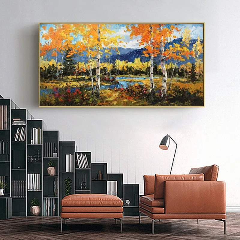 Pintura de paisaje de bosque otoñal vintage, agua reflectante, colores naranja, amarillo y azul, arte de pared grande moderno