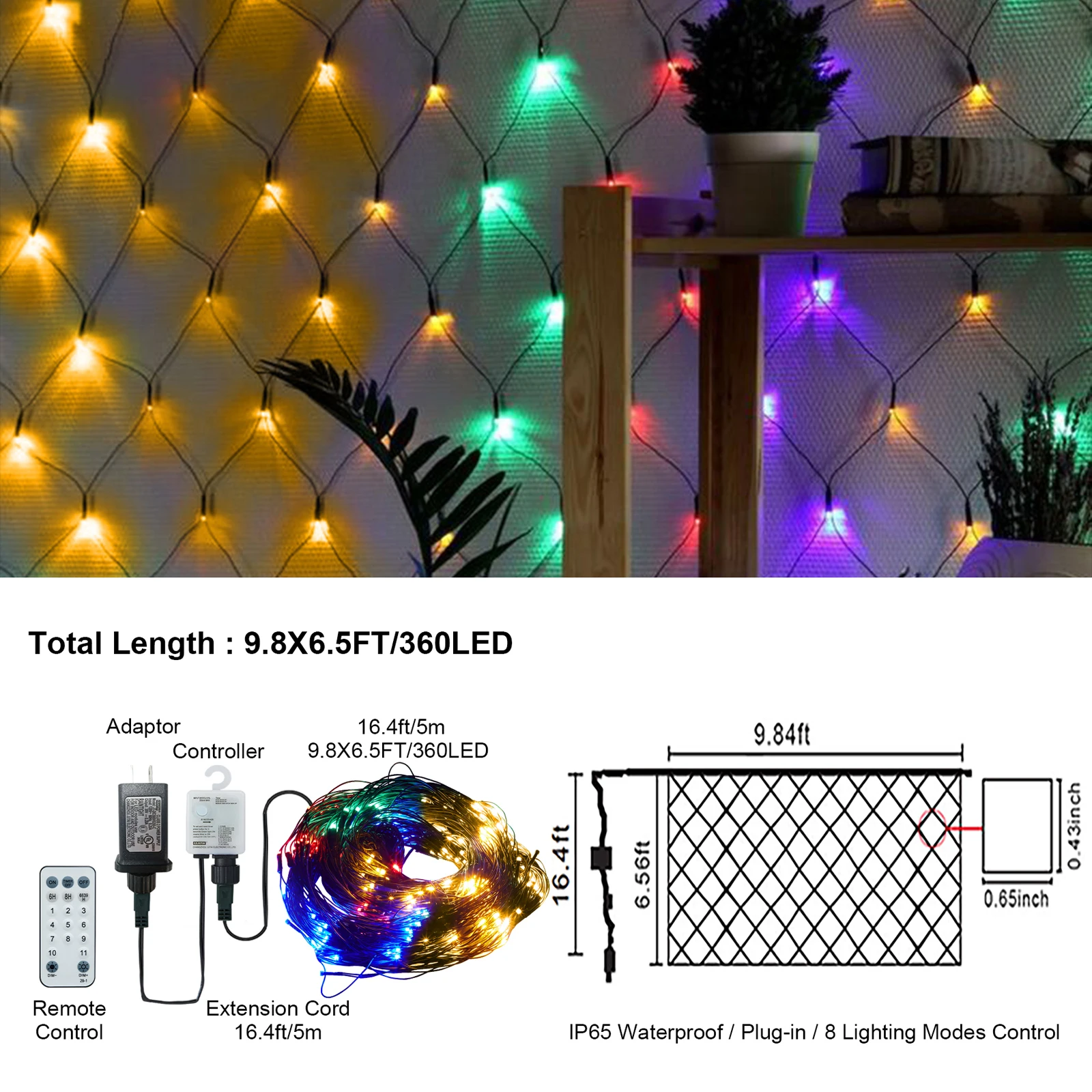 

9.8*6.5FT Christmas Mesh Net Light 360 LED Net Light with 8 Modes&Remote Connectable Net String Christmas Lights