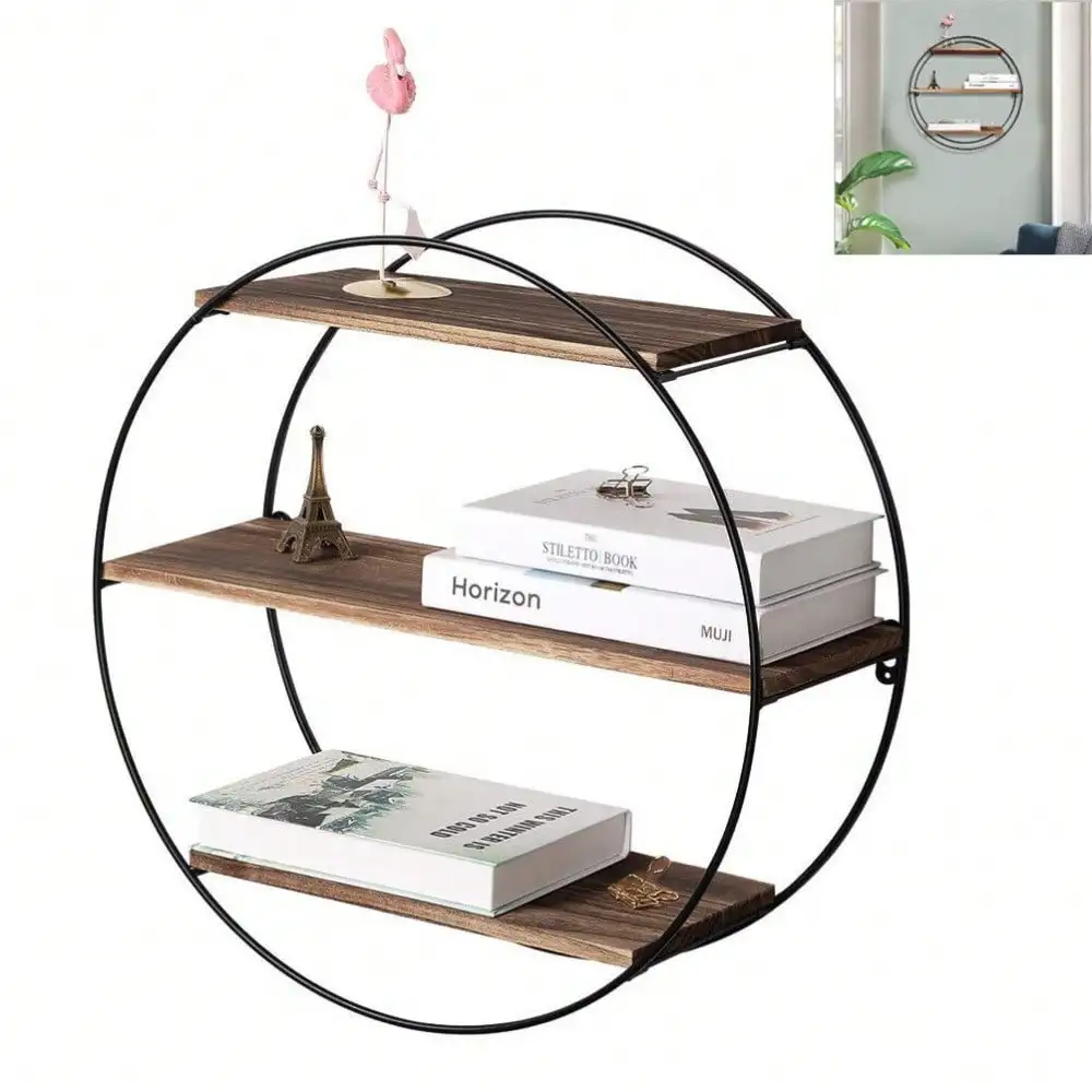 Solid Wood Floating Shelf 3Tier Round Metal Wall Shelves Hanging Farmhouse Decor