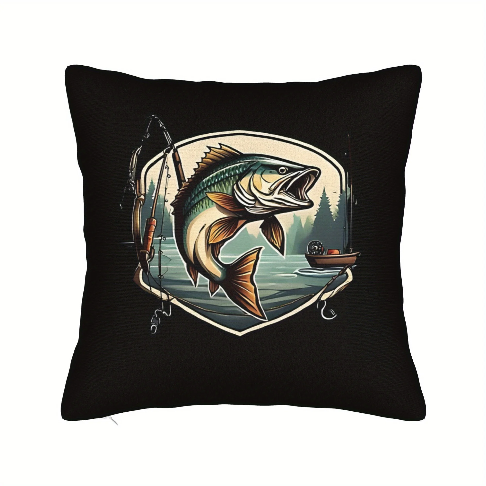 Fishing Pillow Cover Bass Jumping Design Cushion Case Polyester Zipper 16x16 Inch Square Lake Cabin Home Decor Sofa Throw
