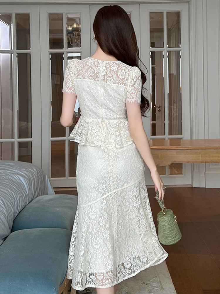 Francese elegante falso 2 pezzi abito da sera da sera da donna dolce squisito pizzo trasparente con volant a coda di pesce abito da ballo di compleanno per signora Vestido