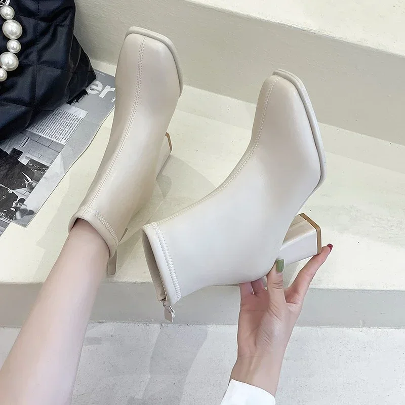 New Luxury Brand Women Beige High Heels Ankle Boots Winter Female Square Toe Chelsea Boots High Quality Short Boots Botines