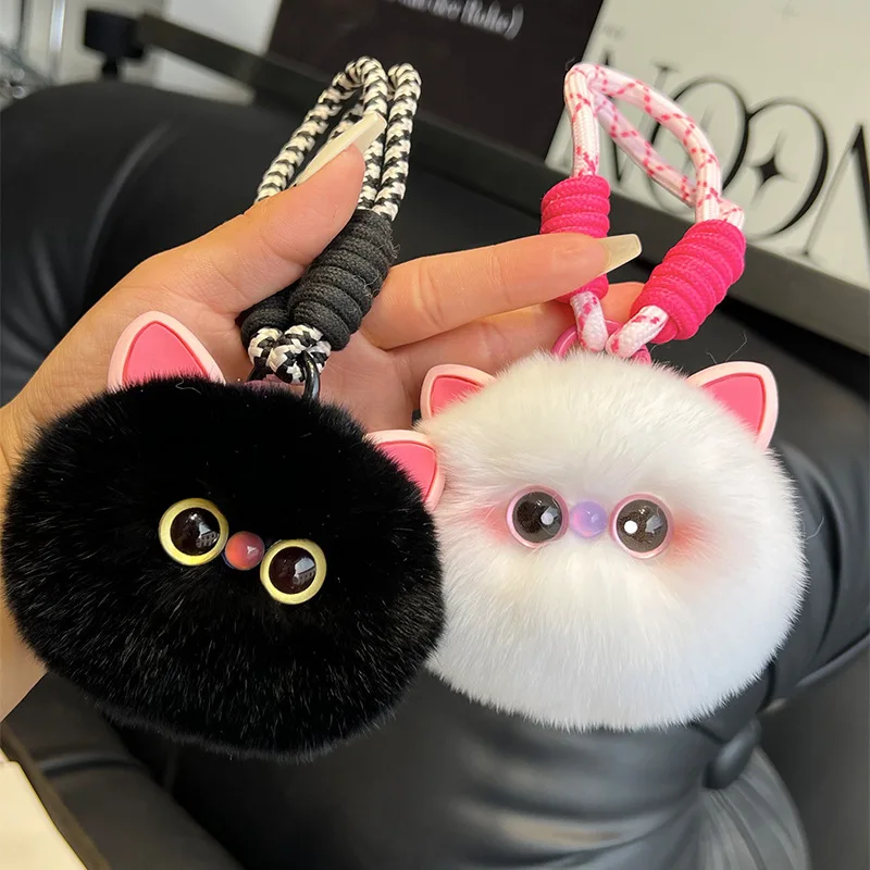Kawaii Pluizige Pluche Kat Sleutelhanger Voor Vrouwen Meisjes Creatieve Imitatie Rex Konijnenbont Bal Hanger Tas Ornament Cadeau Voor Kat Liefhebbers