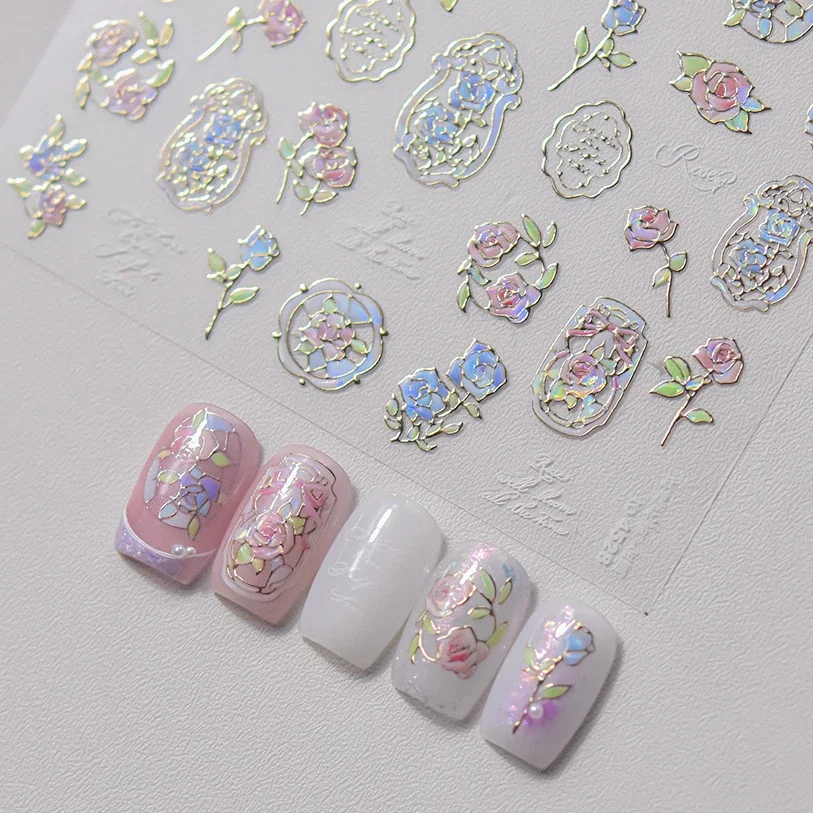 Retro Delicate Shiny Rose Camellia Flowers Tender Leaf 3D Self Adhesive Nail Art Sticker Chic Gradient Rhinestone Manicure Decal