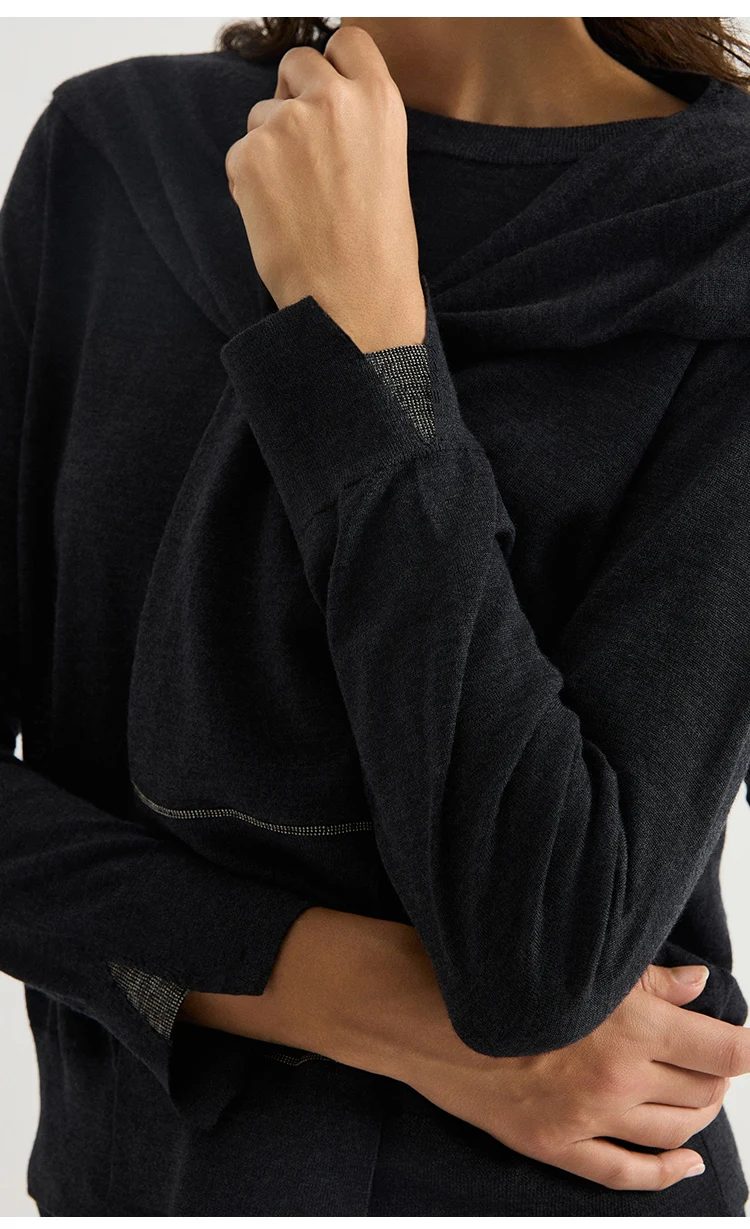 BY3621740 Damen-Pullover mit Rundhalsausschnitt, 100% Wolle, Feinstrick, Langarm, Manschettenschlitz, Kettenabzeichen, entspannte Passform, Bürokleidung, Frühherbst – Detail 9