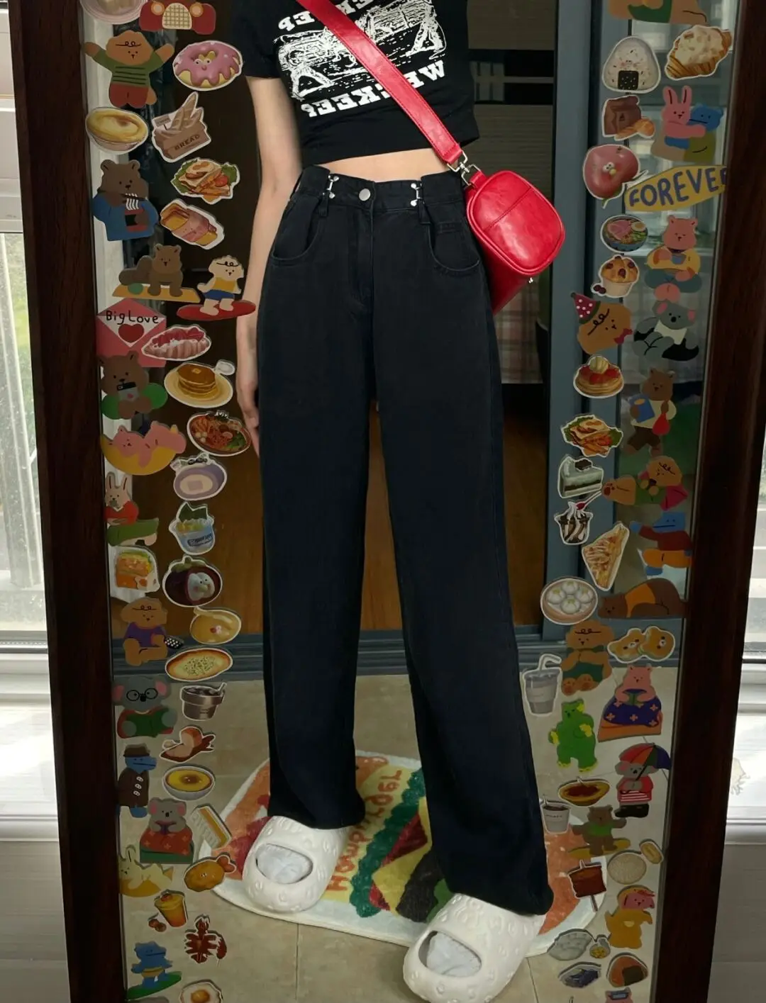 ارتفاع الخصر مستقيم الساق بلا الجينز المرأة الخريف بنطال ذو قصة أرجل واسعة التخسيس فضفاض الطابق طول بنطلون حجم كبير Faion