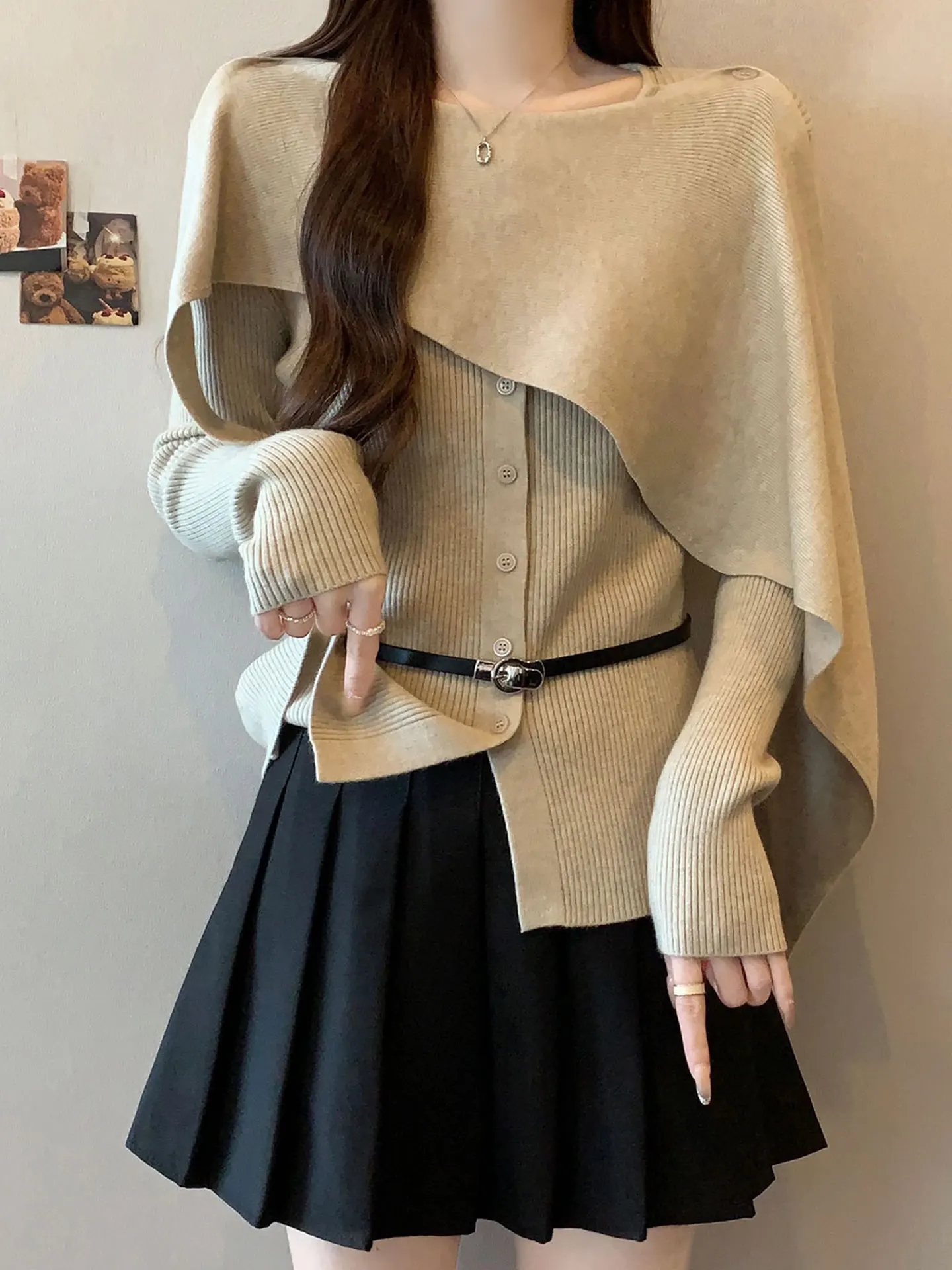 

Oversized Cardigan Sweater Women's Autumn Winter Knitted Wrap Waist in Oats Color Casual Sle Big Size Fake Two-Piece Top