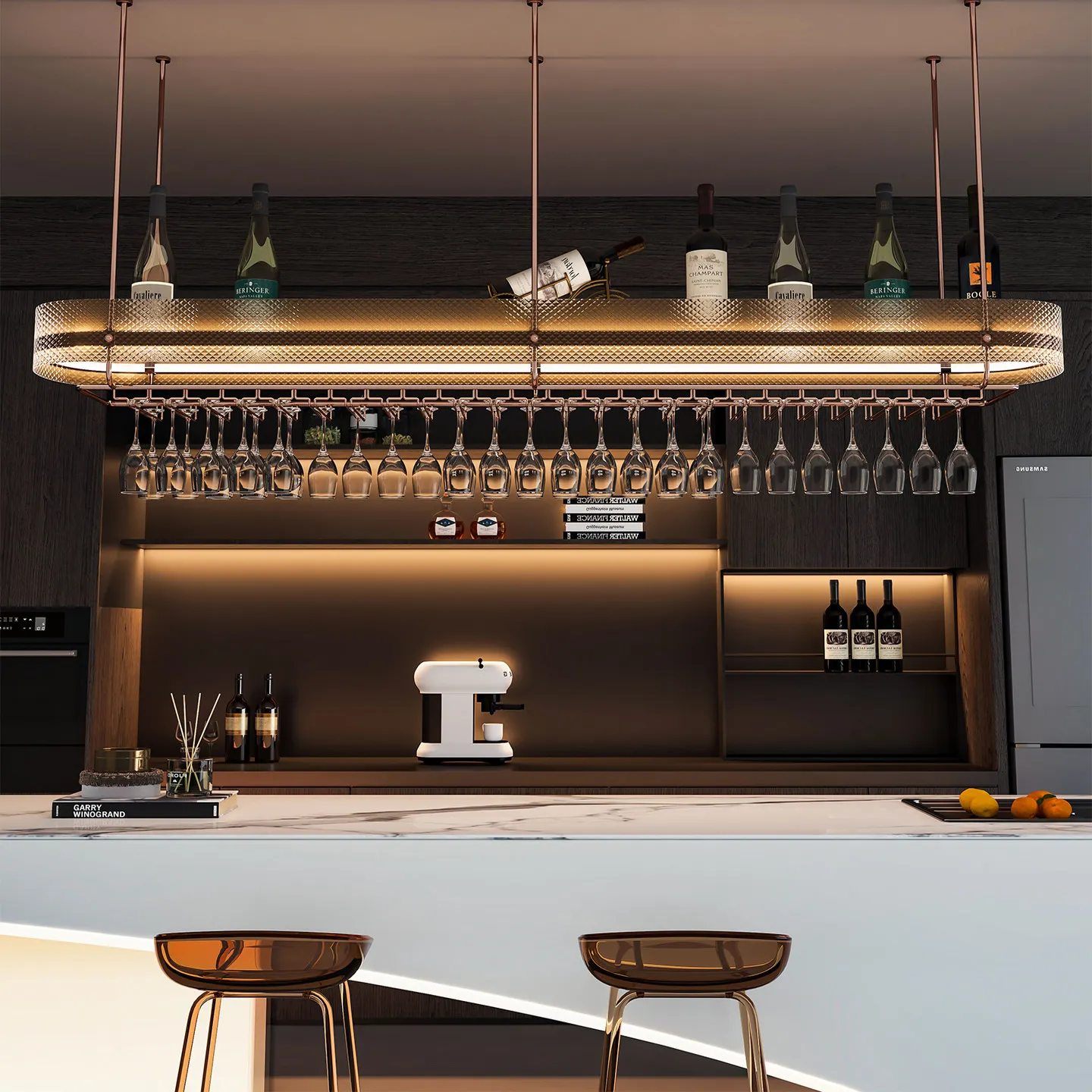 Bar Stainless Steel Oak Wine Rack Hanging Glass Cabinet Illuminated Wall-Mounted Cup Holder Red Wine Glass Upside-Down Storage