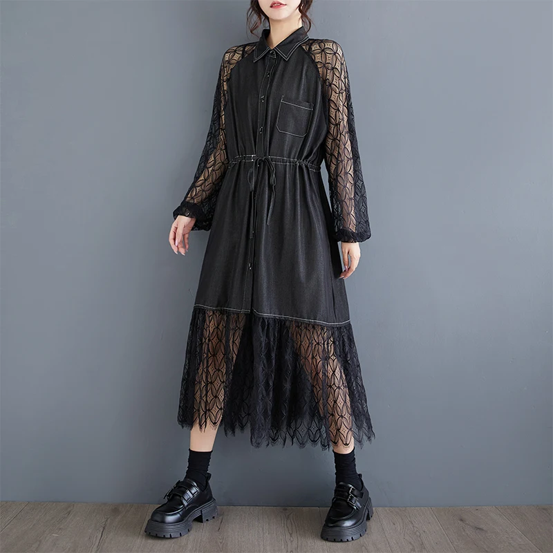 #6872 Black False Two Piece Shirt Dress Women Spliced Lace Drawstring Waisted Midi Dress Long Sleeve Hollow Out Sexy A-line Sexy