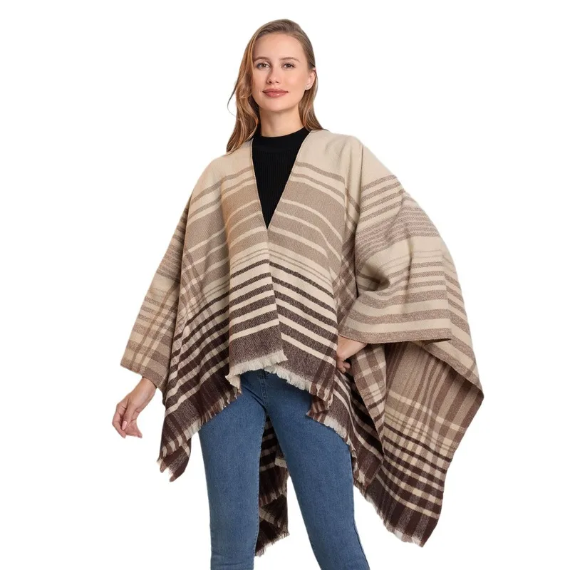 Women's thickened warm scarf cape with line plaid and slit design