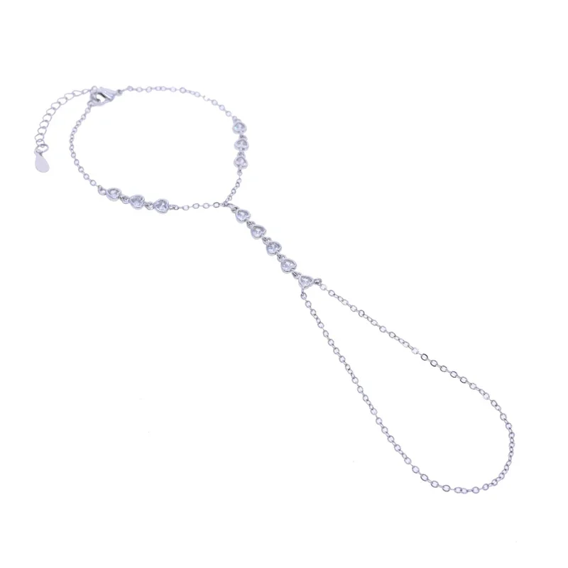 Bezel Heart Shaped Cubic Zirconia CZ Geometric Station Finger Hand Chain Bracelet For Women