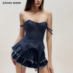 2024 Sexy Slash Collar Navy Denim Crop Top Women High Waist 2 Layers Swing Fringed Hem Mini Skirt Suits 2 pieces 1 Set