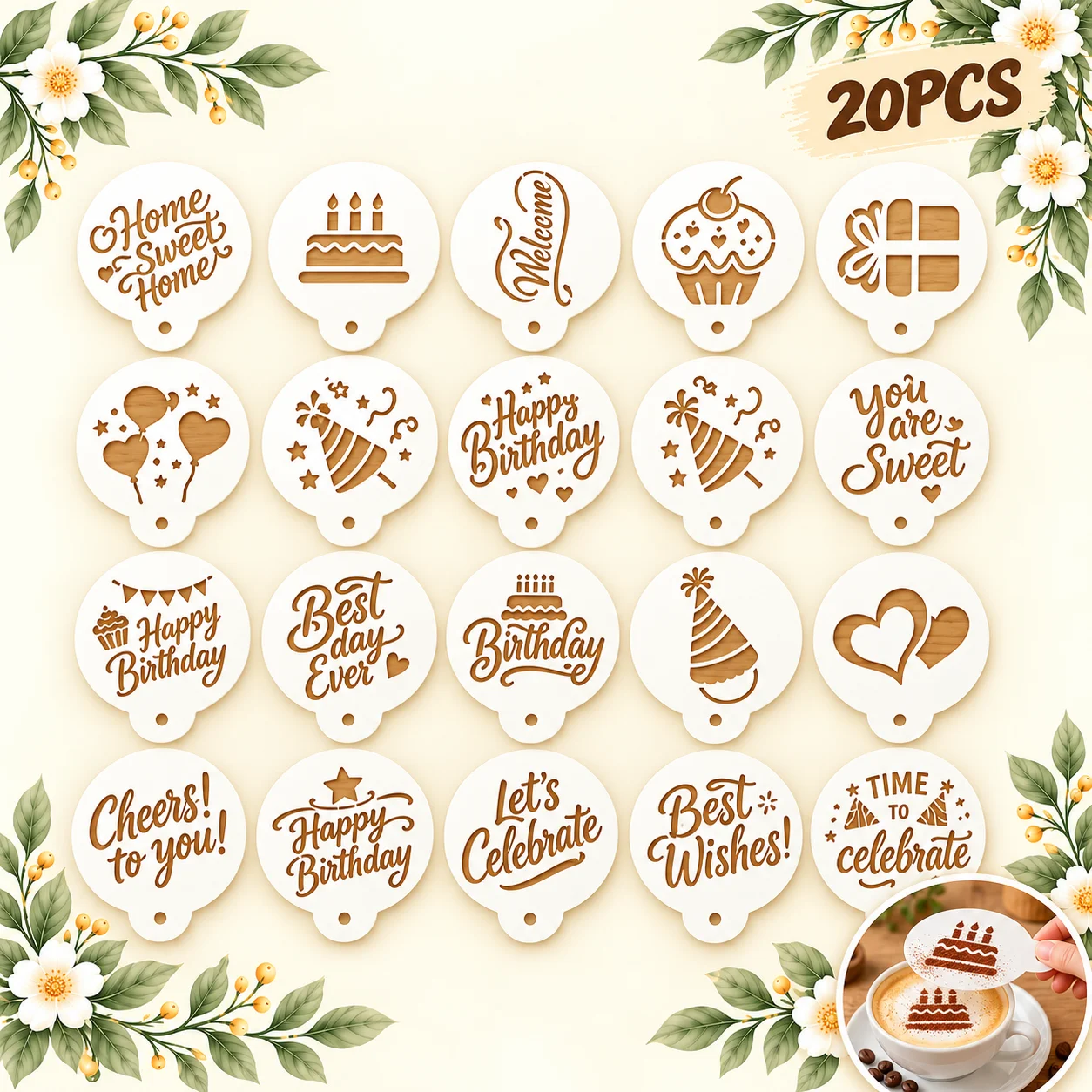 20Pcs Birthday Cake Coffee Stencils Reusable PET Latte Art Templates for Cupcake Cookie Dessert Baking Decor DIY Party Supplies