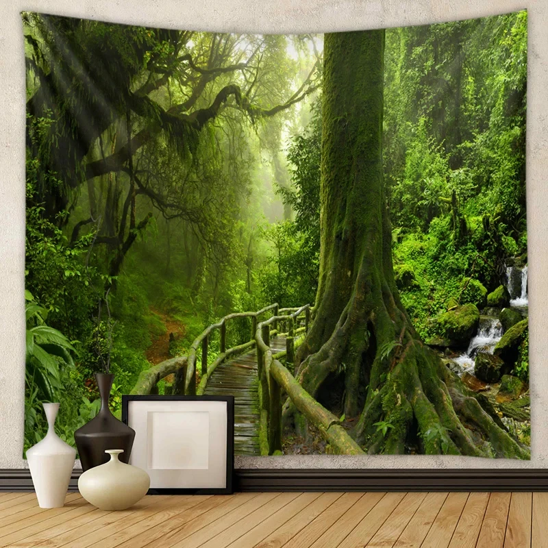 VIKAMA Regenwald-Wandteppich, grüner, moosiger Wald, Holzbrücke, Wasserfall, Wandbehang für Schlafzimmer, Wohnzimmer, Heimdekoration