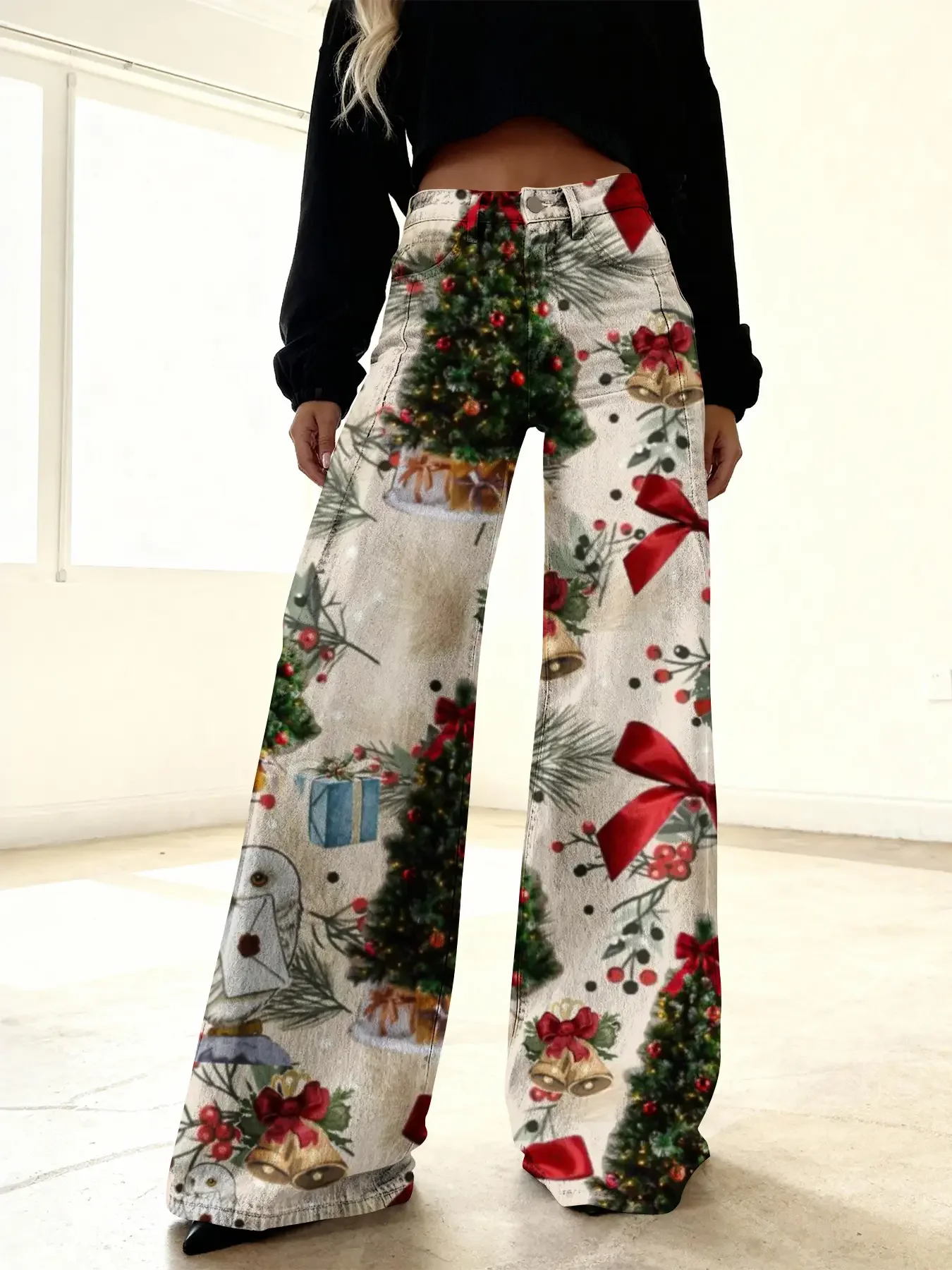 2026Christmas women's imitation denim printed high waisted flared pants, sweet and cute, All-season