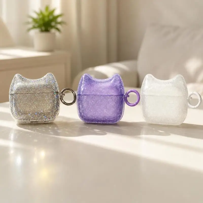 Shiny cat ear shaped headphone case protective cover, made of drop resistant TPU material with a circular ring