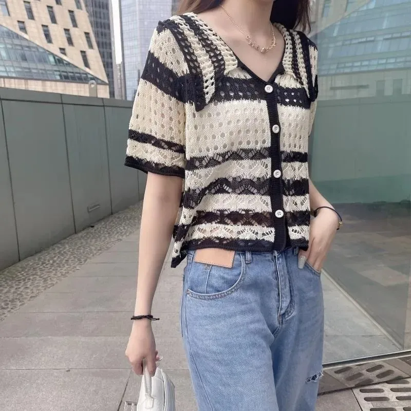 Top Women 2023 Casual Short Sleeve Black White Stripe A Row Of Buttons Slim Hollow Out Summer Lapel Y2k Clothes Women\'s T-shirt