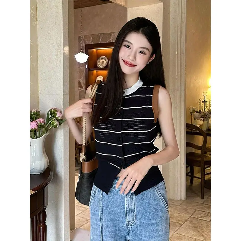 Women Clothing Summer Fashion Casual Korean Button Color Blocking O-neck Female All-match Appear Thin Hollow Out Short Sleeve To