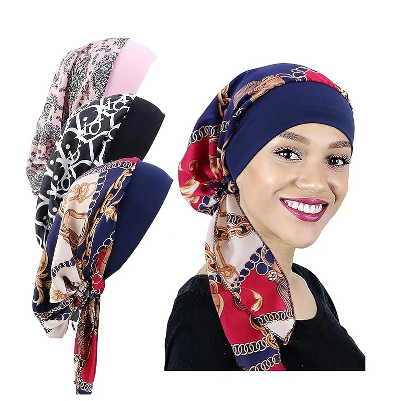 Women Imitation Silk Streamer Headscarf Hat Pre-tie Printed Elastic Wide Edge Cover Head Wrap Hat Chemotherapy Cap Hair Care Cap