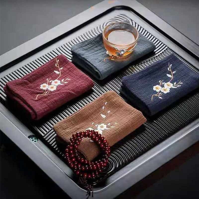 

1Pc 19x29cm Cotton Linen Plum Blossom Embroidery Tea Towel Double-layer Thick Retro Absorbent Tea Cloth