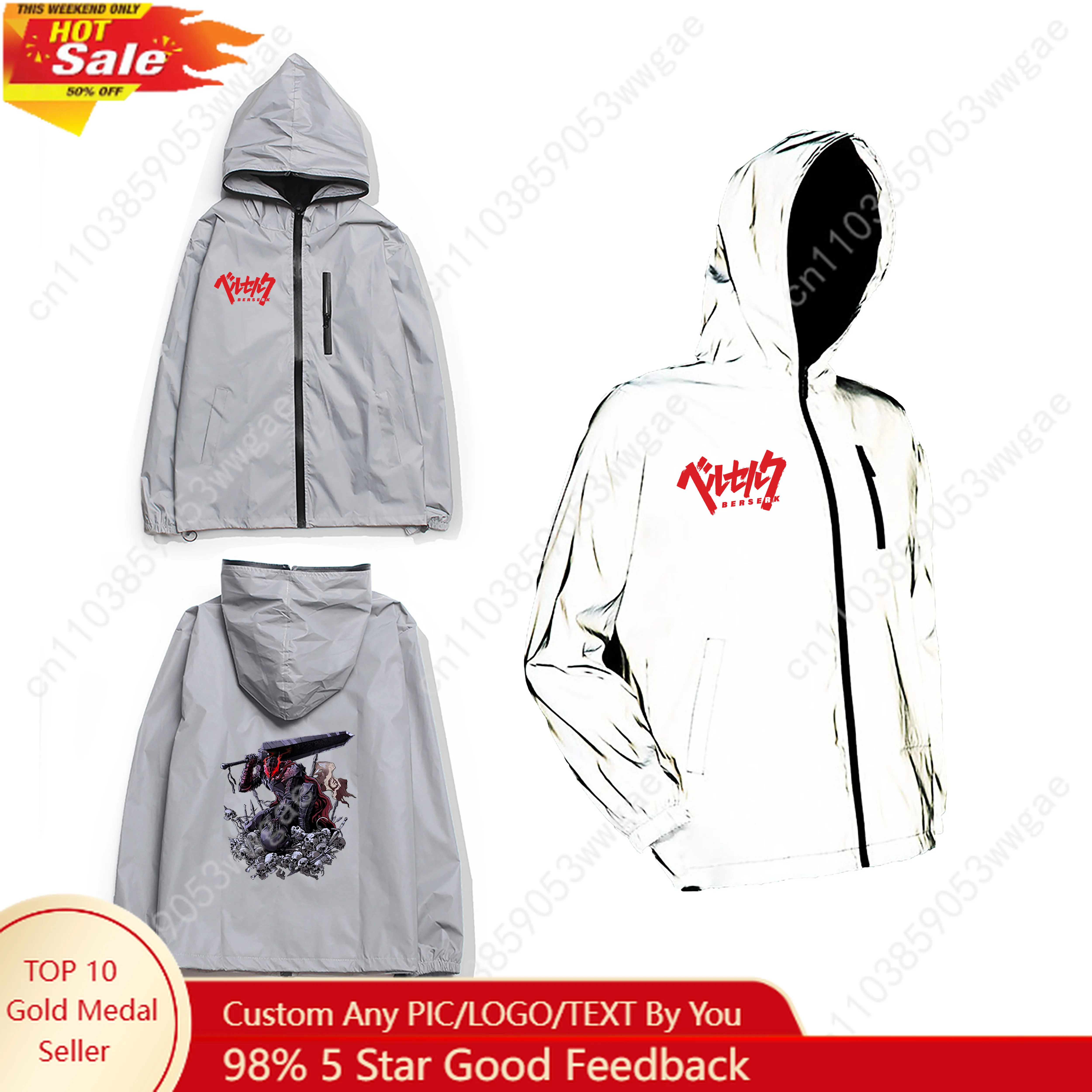 

Berserk Reflective Jacket Mens Womens Coat Hooded Windbreaker Run Pocket Jackets Cycling Hiking Zipper Cartoon Customized Hoodie