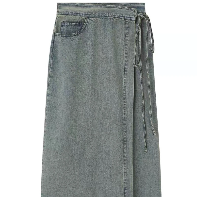 Temperamento falda de viajero diseño sentido correa lavada falda vaquera larga dividida moda de primavera y verano ropa de mujer