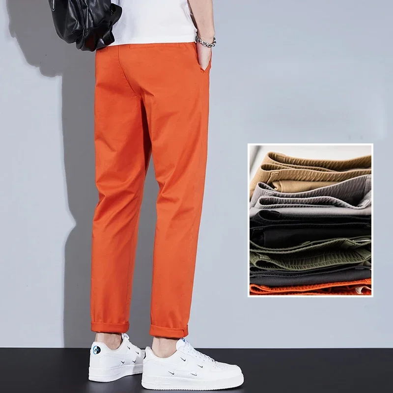 Casual Men Loose Straight Business Pants Orange Green Khaki Elastic Waist Trousers Soft Cotton Lyocell Fabric Korean Cargo Pants