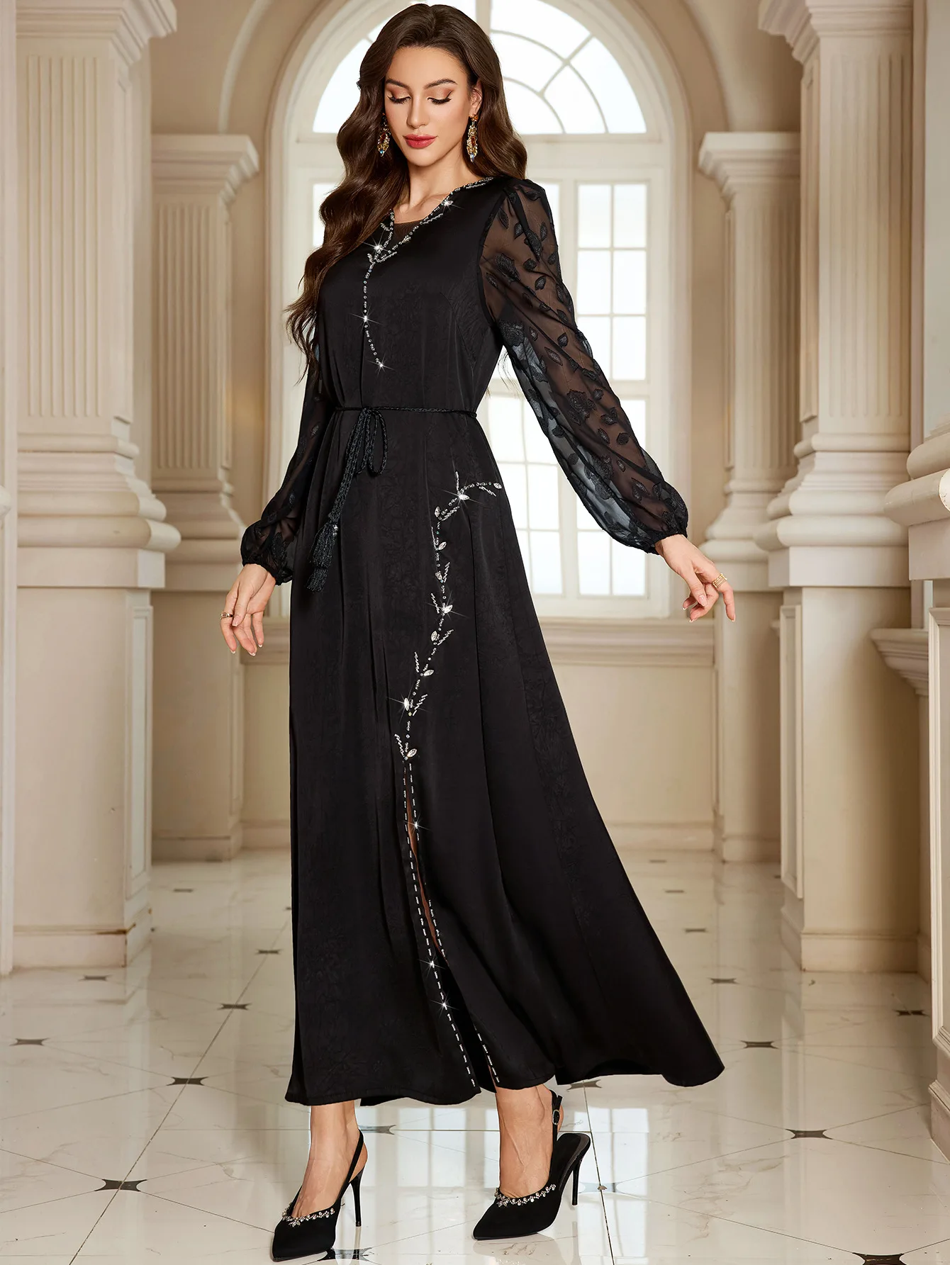 

Muslim Satin Dress for Women Fashion Diamond Evening Dress Abaya Dubai Dinner Robe Muslim Dress Women Clothes for Muslim Women