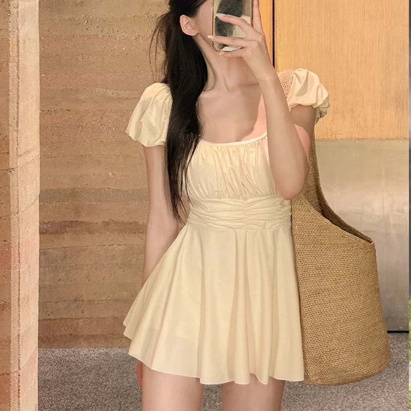 

Women Swimsuit One Piece Sexy Pure Color Short Sleeves Korean Style Beach Wear Summer Padded Belly Hidden