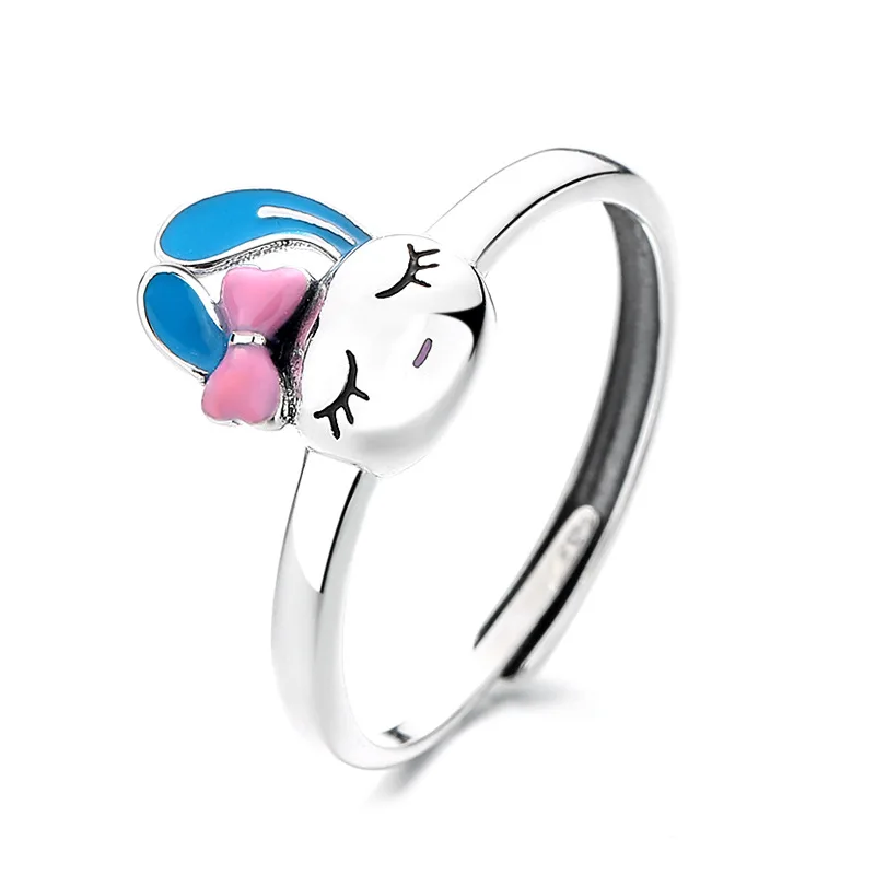 New S925 Sterling Silver Cute Bow Rabbit DIY Ring Women's Zodiac Animal Design Sense Ring Jewelry