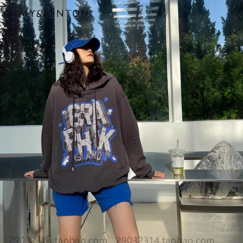 

Hip-hop Streetwear Hooded Sweatshirt Ladies Mid-length Loose Fit Trendy Korean Style Letter Print Top 2026 Spring's Hoodies Coat