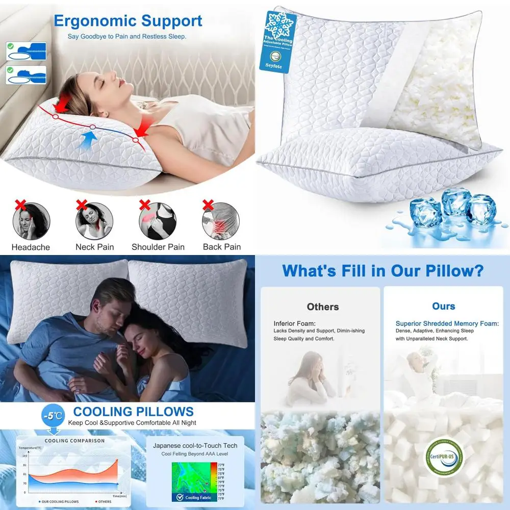 

Pair of Standard 20 x 26 Cooling Pillows with Shredded Memory Foam for Hot Sleepers, Washable Covers