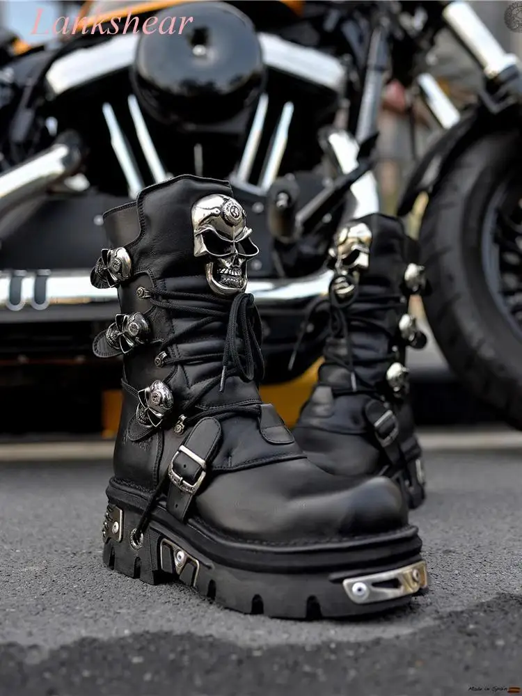 Brand Design New Unisex Leather Boots Silver Skull Devil Goth Punk Metallic Motorcycle Ankle Boots Large Size 35-48 Handmade