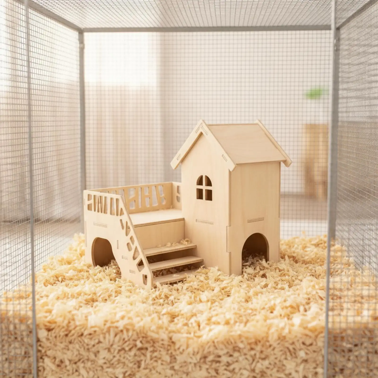 Wooden Hamster Hideout Castle Multi Level Villa with Staircase for Hamster Cage Indoor Play House