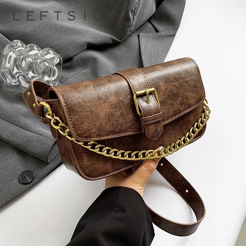 

LEFTSIDE 2024 Winter Belt Design Y2K Retro Design Small PU Leather Flap Bag Women Fashion Handbags Shoulder Bag Crossbody Bag
