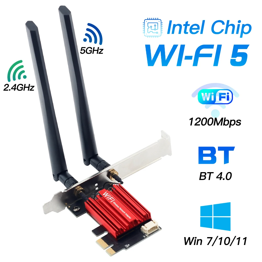 PCIE WiFi-kaart 1200 Mbps – Dual Band 2.4GHz/5GHz, Met Bluetooth 4.0, Compatible Met Windows 7/8/10/11 – Plug & Play