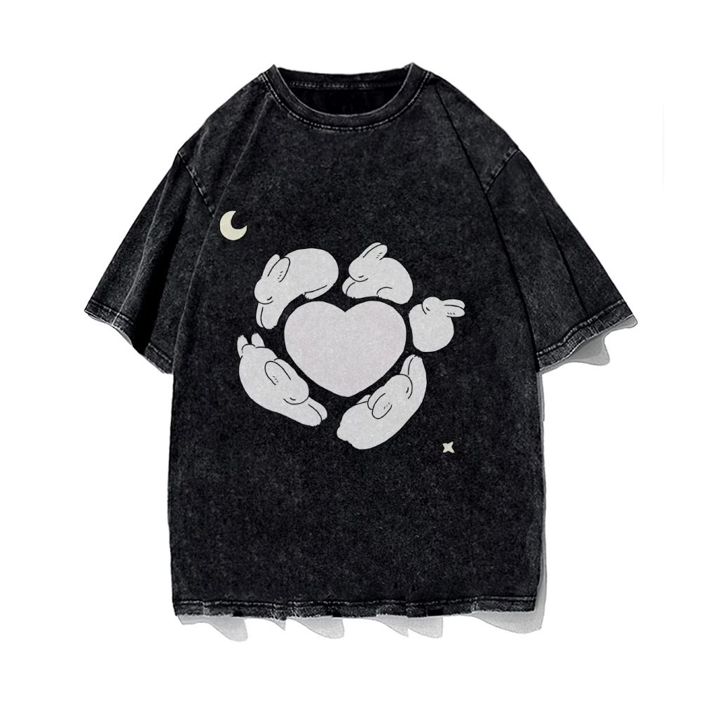 Y2K グラフィックTシャツ バニーハートTシャツ 綿100% 高品質 オーバーサイズ ウォッシュドTシャツ ウサギ ムーン プリント キュート Y2K バイブ ゴシック