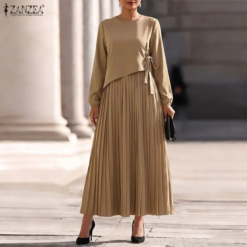 ZANZEA Plus Size Women O Neck Long Sleeve Pleated Sundress Elegant Solid Color Loose Maxi Long Dress Stylish A Line OL Work Robe