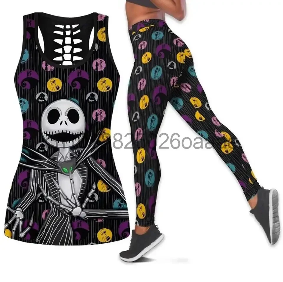 The Nightmare Before Christmas Jack Skellington Sally Womens Hollow Tank Top Leggings Yoga Set Fitness Leggings Tracksuit