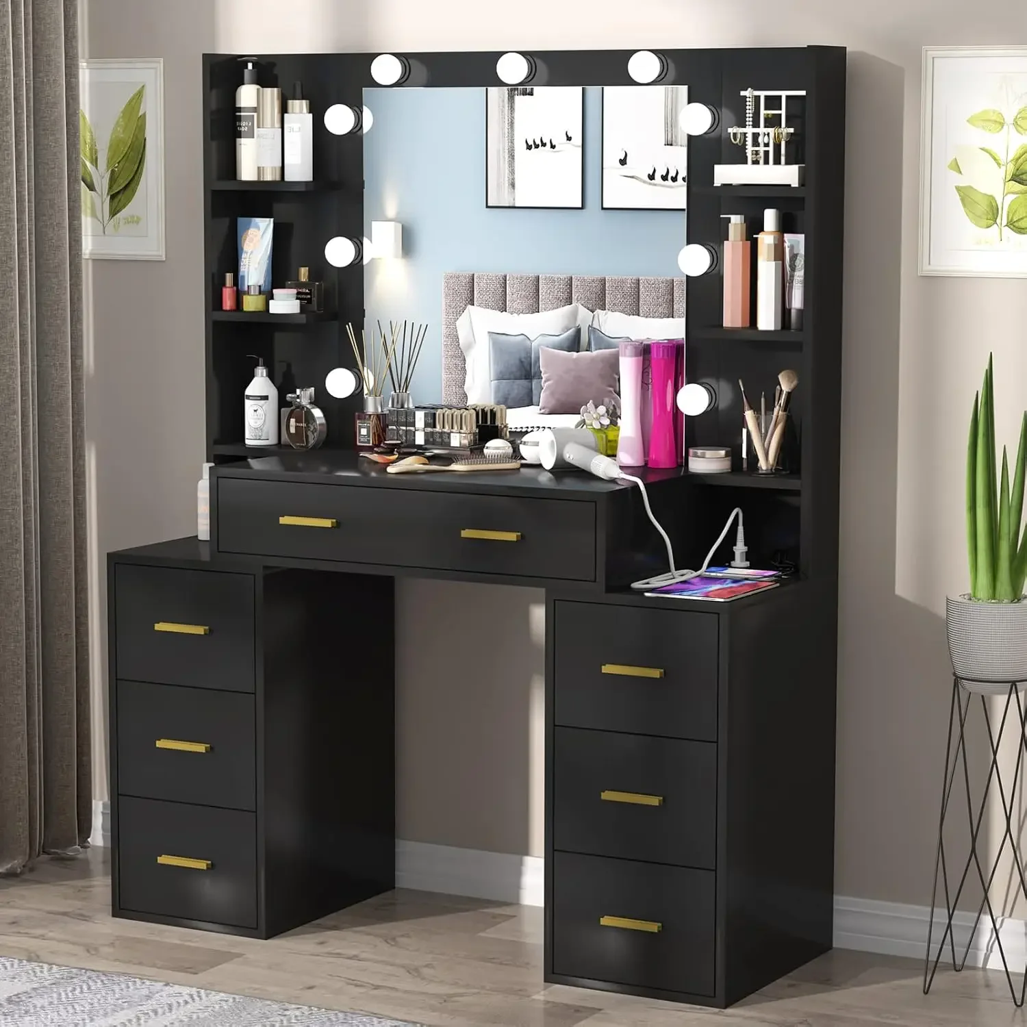 PAKASEPT Vanity Set con specchio illuminato, vanità per il trucco da 43 ''con stazione di ricarica, Vanity Desk con lampadina a LED da 9 pezzi, Storage