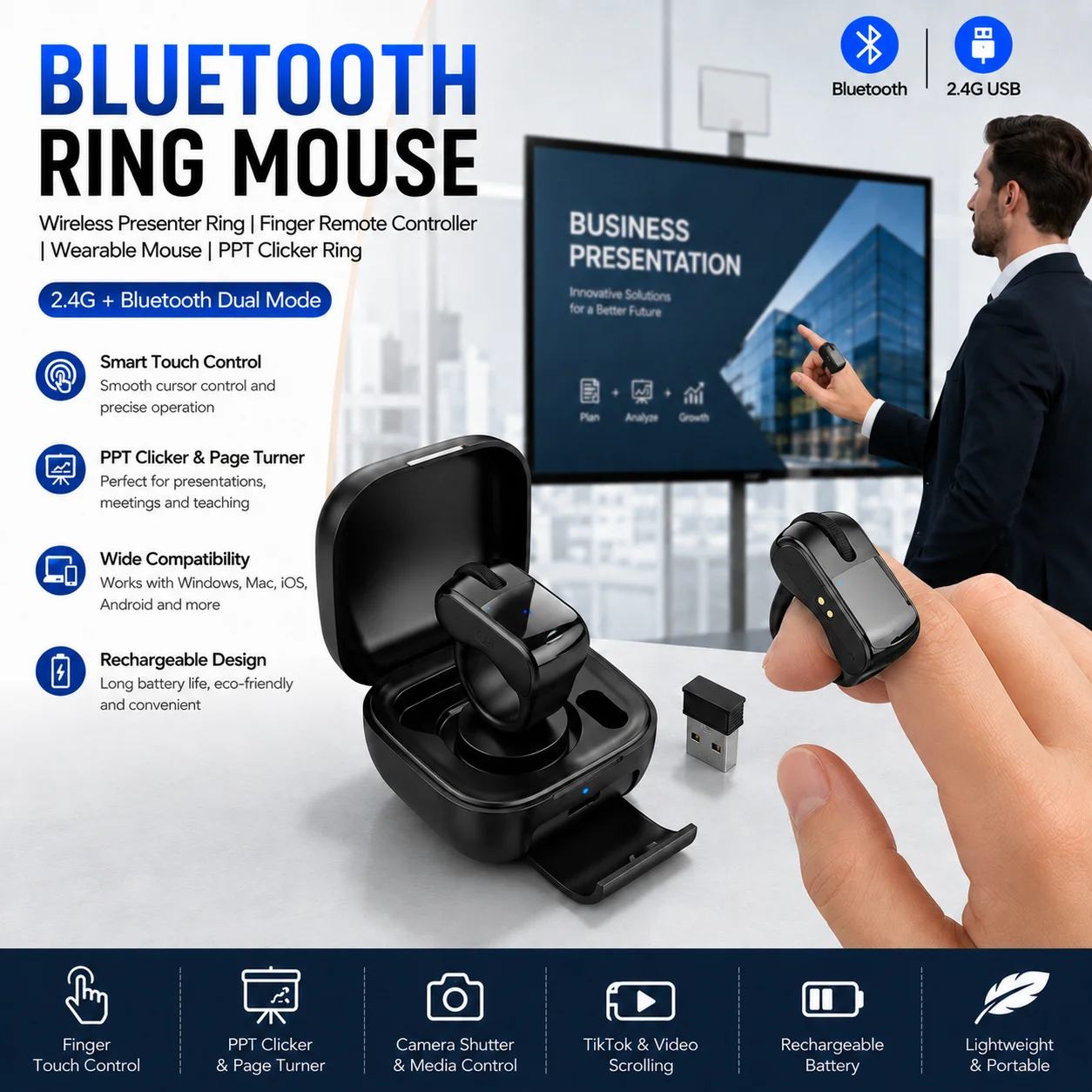 Wireless Ring Mouse  Air Mouse Touchpad Remote Controller Rechargeable Presentation Clicker for Laptop Phone Tablet PC