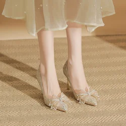 Spring Women Pointed Tip Thin High Heels New Pumps Sequins Fashion Sexy Wedding Party Bow Tie Stiletto Single Heels