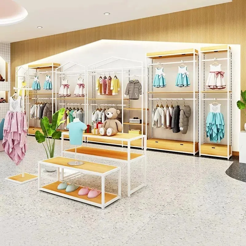 

Customize.Commercial Luxury Display Garment Rack Shelf Clothing White With Wooden Boutique Clothing Rack Kids Shop