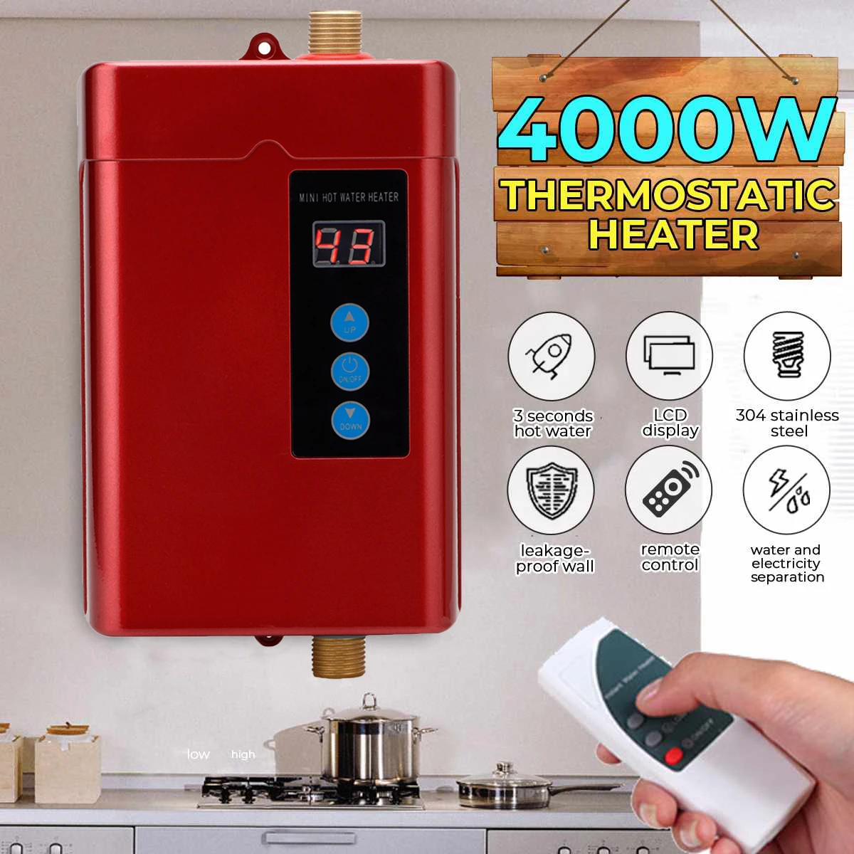 4000W Electric Water Heater Remote Control Instantaneous Tankless Water Heater for Kitchen Bathroom Shower Water Fast Heating