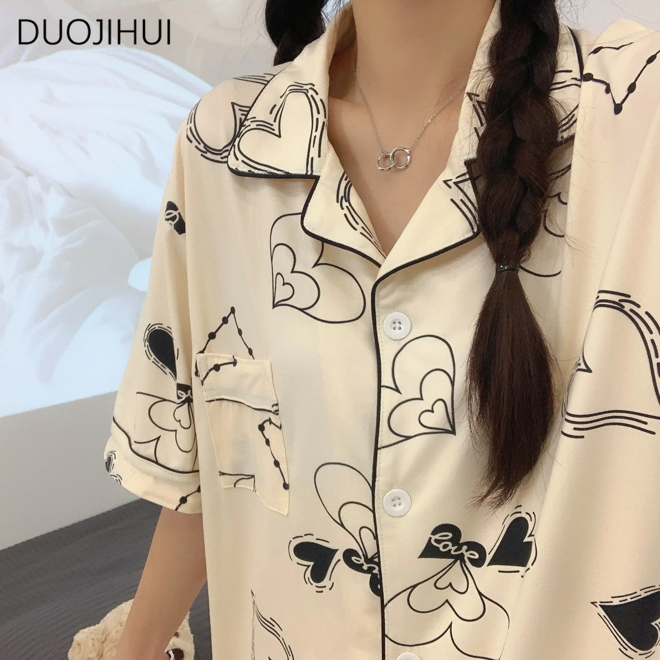 Duojihui Ins Chique Print Lieve Tweedelige Vrouwelijke Pyjama Sets Nieuwe Knoop Vest Basis Broek Mode Casual Thuis Pyjama Voor Dames